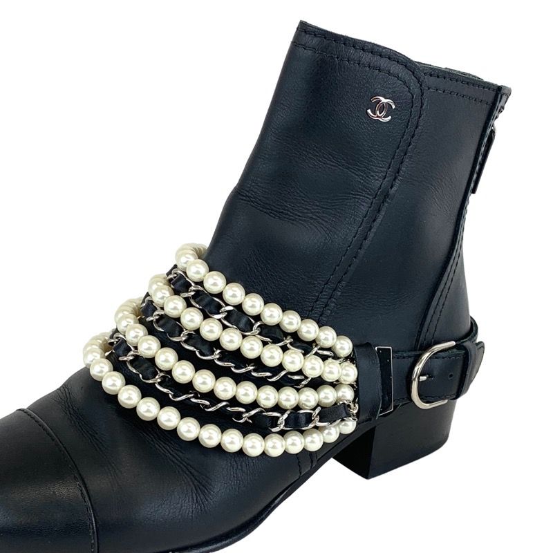 Chanel Boots Short Boots Shoes Leather Black Coco Mark Pearl Chain Belt