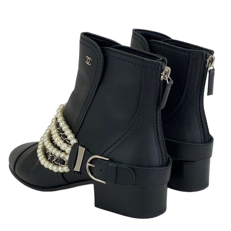 Chanel Boots Short Boots Shoes Leather Black Coco Mark Pearl Chain Belt