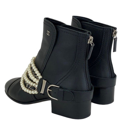 Chanel Boots Short Boots Shoes Leather Black Coco Mark Pearl Chain Belt