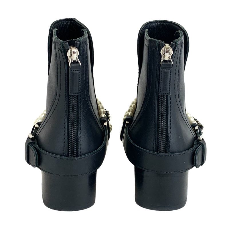 Chanel Boots Short Boots Shoes Leather Black Coco Mark Pearl Chain Belt