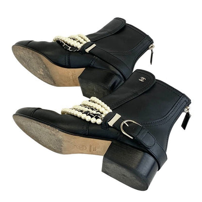 Chanel Boots Short Boots Shoes Leather Black Coco Mark Pearl Chain Belt