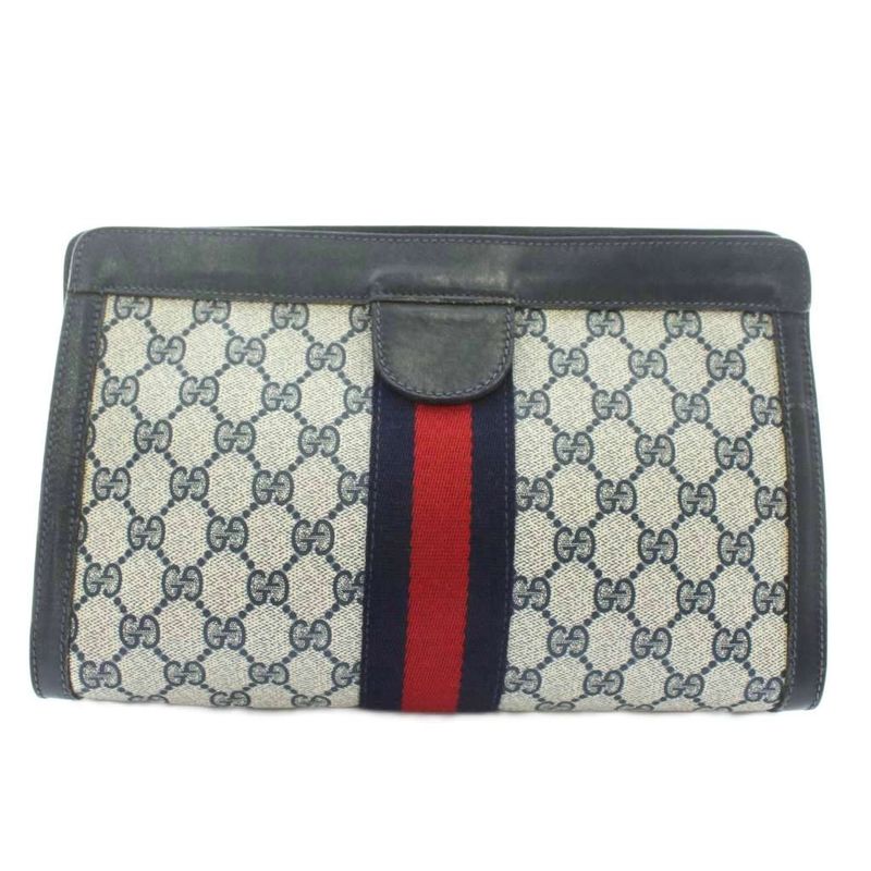 Gucci Clutch Bag Second Bag PVC Leather GG Pattern Sherry Line Total Beige Navy