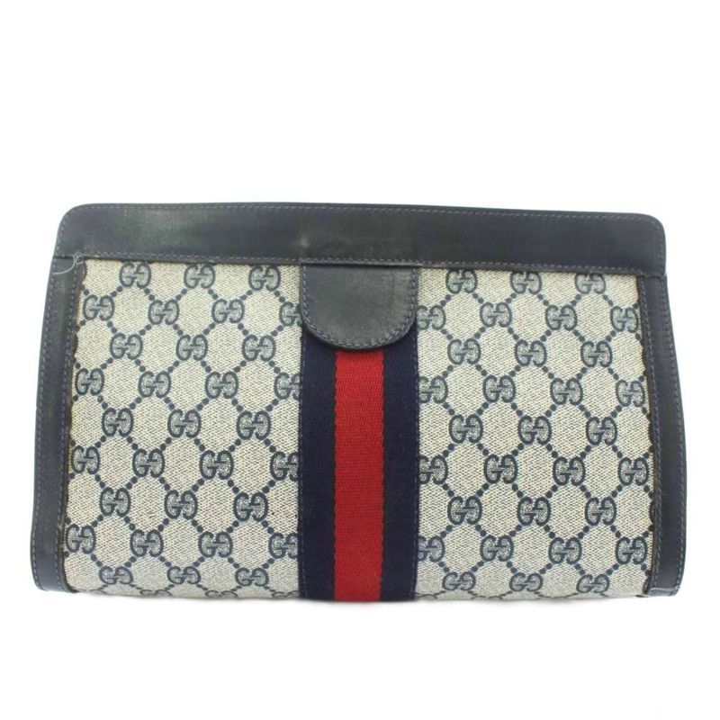 Gucci Clutch Bag Second Bag PVC Leather GG Pattern Sherry Line Total Beige Navy