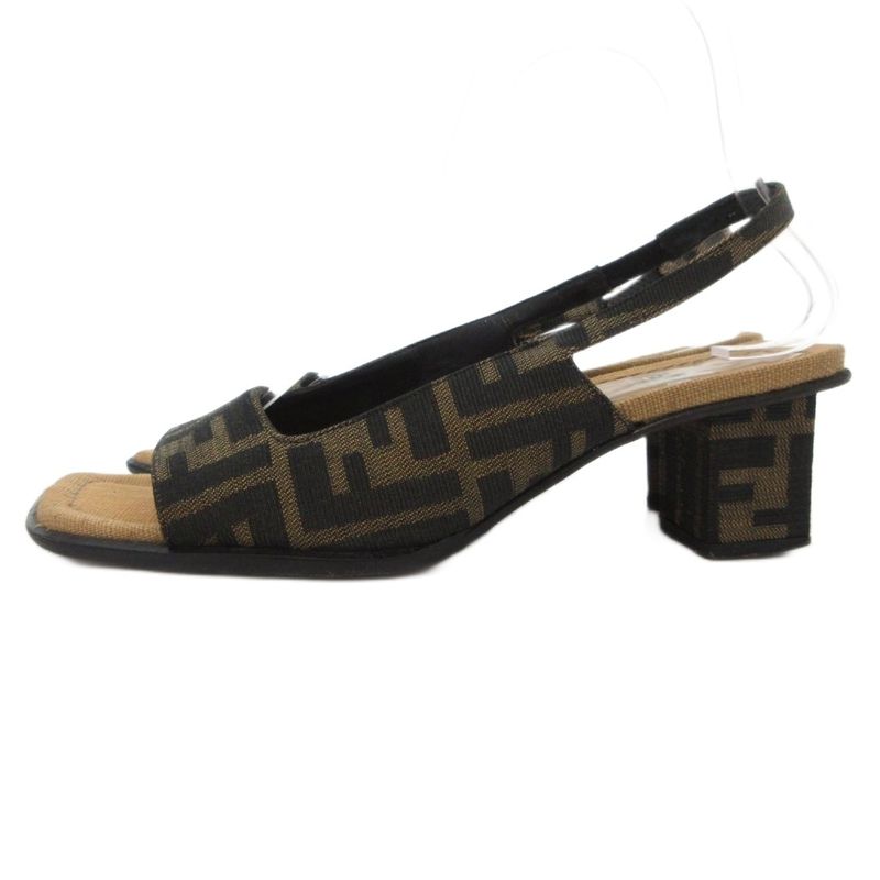 Fendi Sandals Zucca Pattern Canvas Square Heel 37 Brown Black JS - GY18