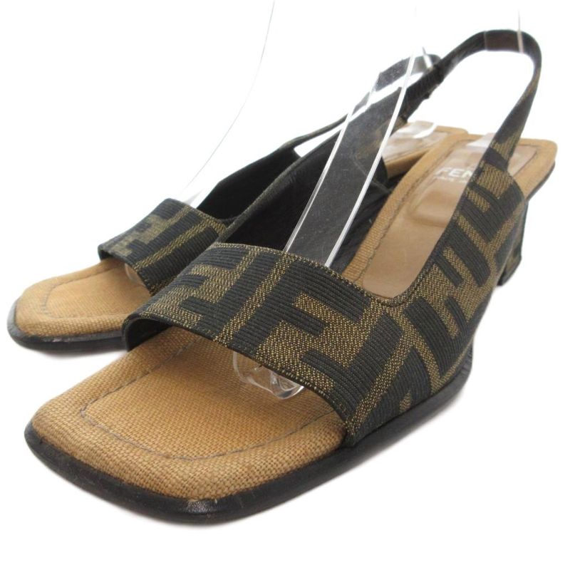 Fendi Sandals Zucca Pattern Canvas Square Heel 37 Brown Black JS - GY18