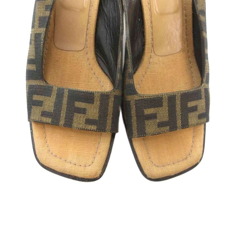 Fendi Sandals Zucca Pattern Canvas Square Heel 37 Brown Black JS - GY18