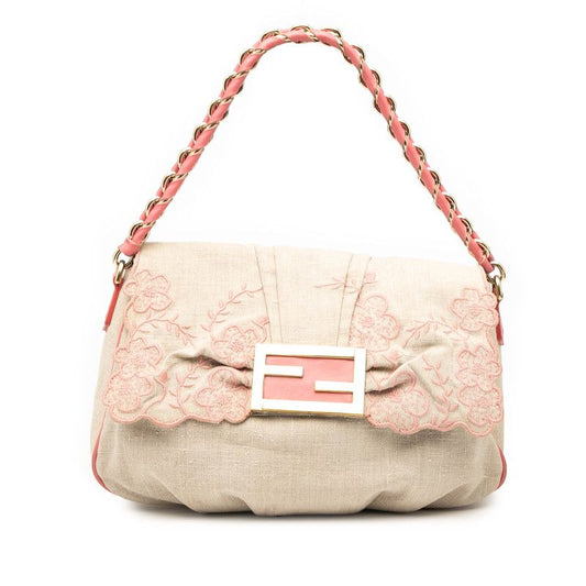 Fendi Flower Embroidered Mia One Shoulder Bag 8br614 Beige Pink Canvas Leather