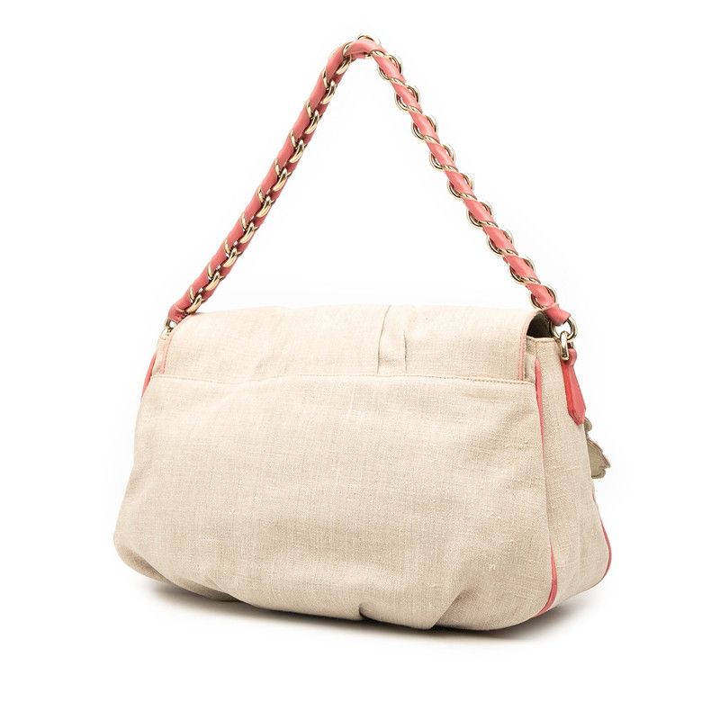 Fendi Flower Embroidered Mia One Shoulder Bag 8br614 Beige Pink Canvas Leather