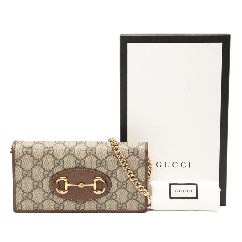 Gucci GG Supreme Horsebit Chain Wallet Shoulder Bag 621892 Brown Beige PVC
