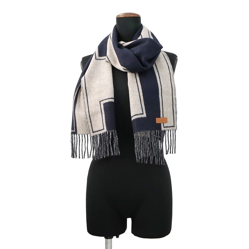 Hermes Scarf Cles Do-h Cashmere Shawl Blue-marine Beige