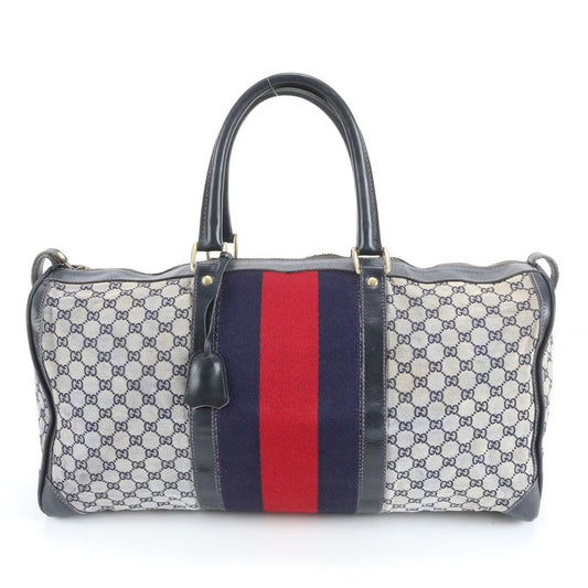 Gucci GG Canvas Sherry Line Leather Boston Bag Business Travel Tote Genuine