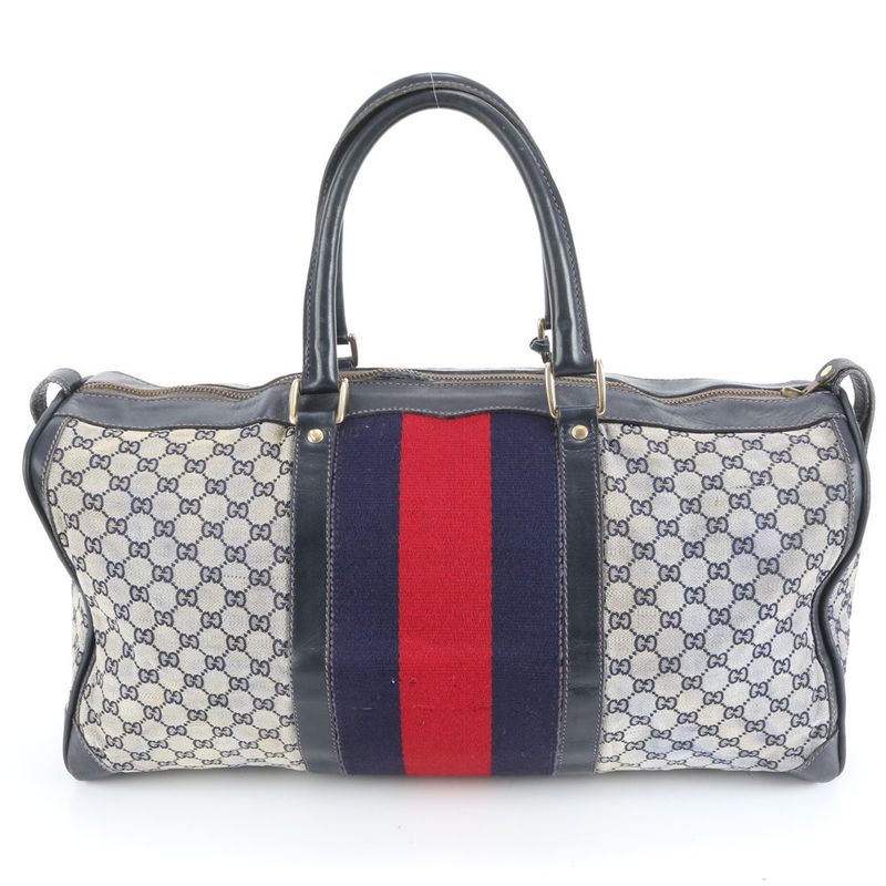 Gucci GG Canvas Sherry Line Leather Boston Bag Business Travel Tote Genuine