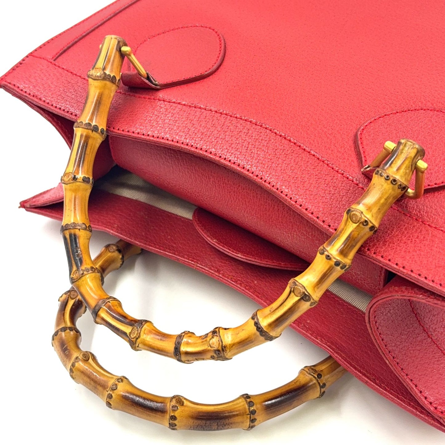 Gucci Bamboo Handle Leather Red Tote Bag Gold 002・1186・0260