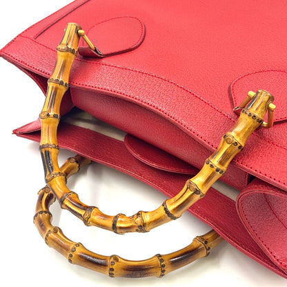 Gucci Bamboo Handle Leather Red Tote Bag Gold 002・1186・0260