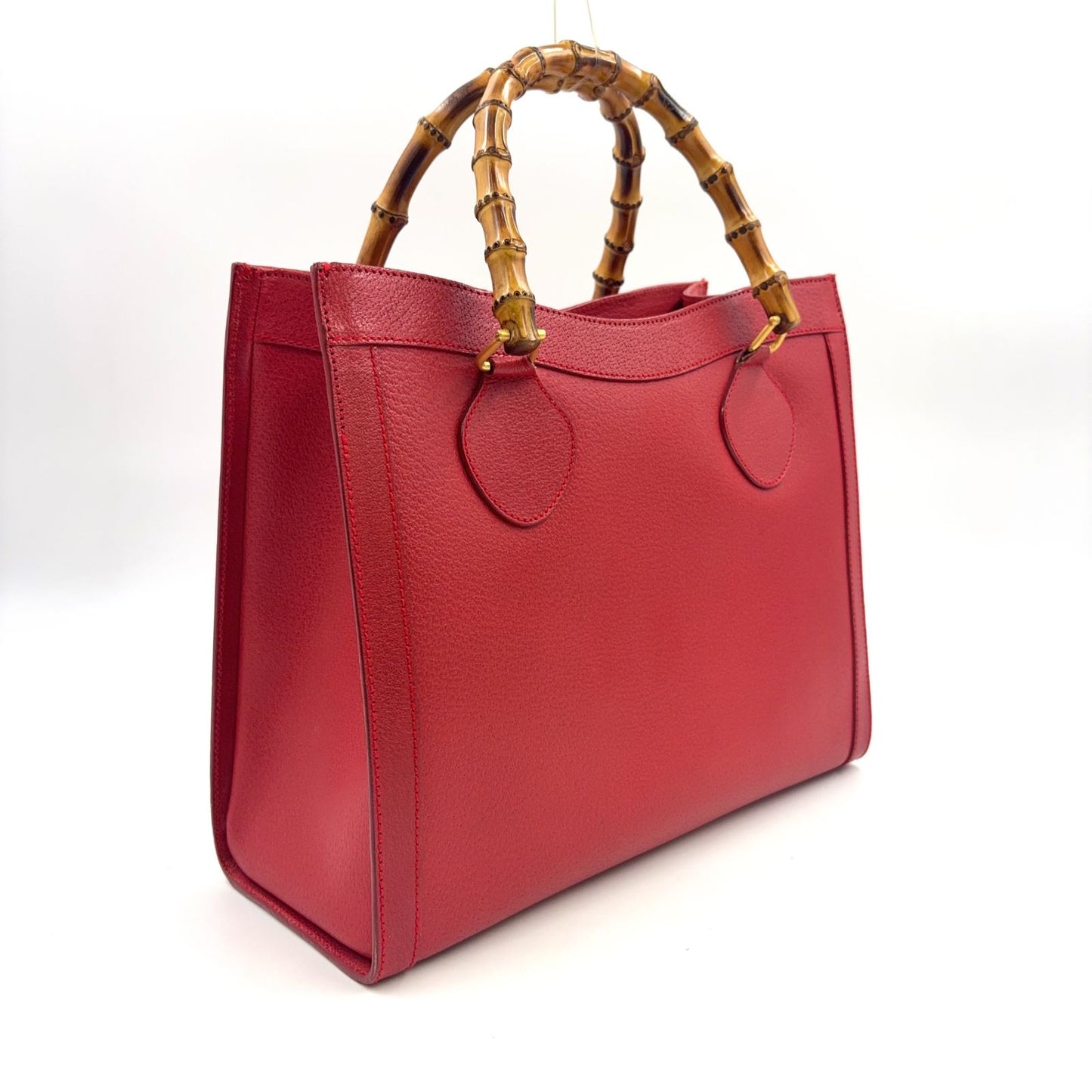 Gucci Bamboo Handle Leather Red Tote Bag Gold 002・1186・0260