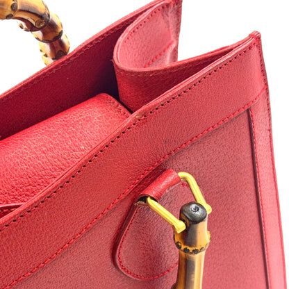 Gucci Bamboo Handle Leather Red Tote Bag Gold 002・1186・0260