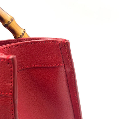 Gucci Bamboo Handle Leather Red Tote Bag Gold 002・1186・0260