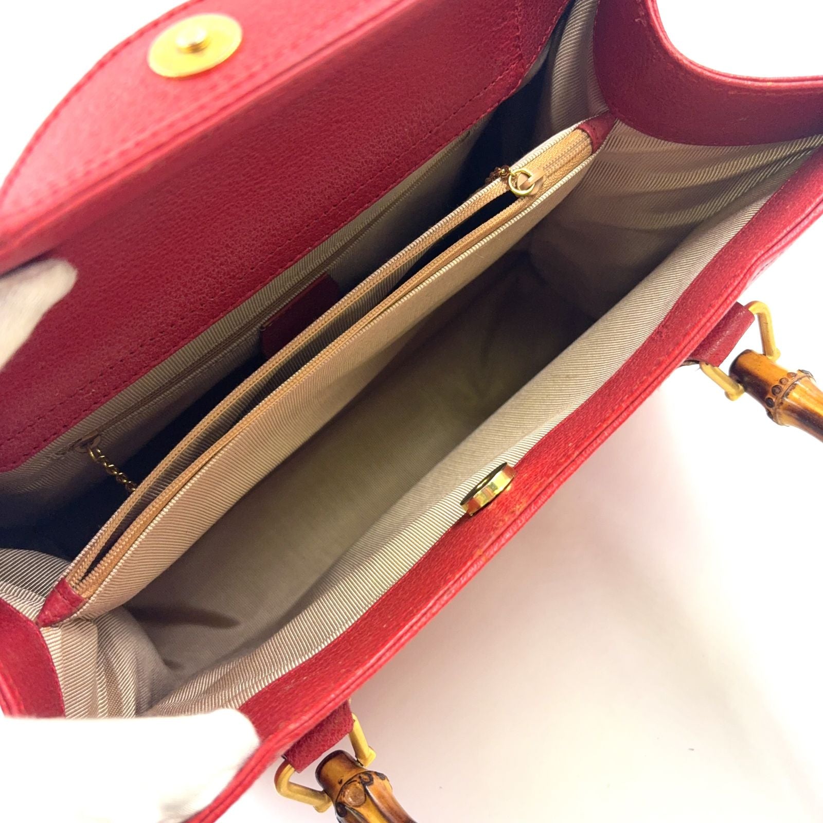 Gucci Bamboo Handle Leather Red Tote Bag Gold 002・1186・0260