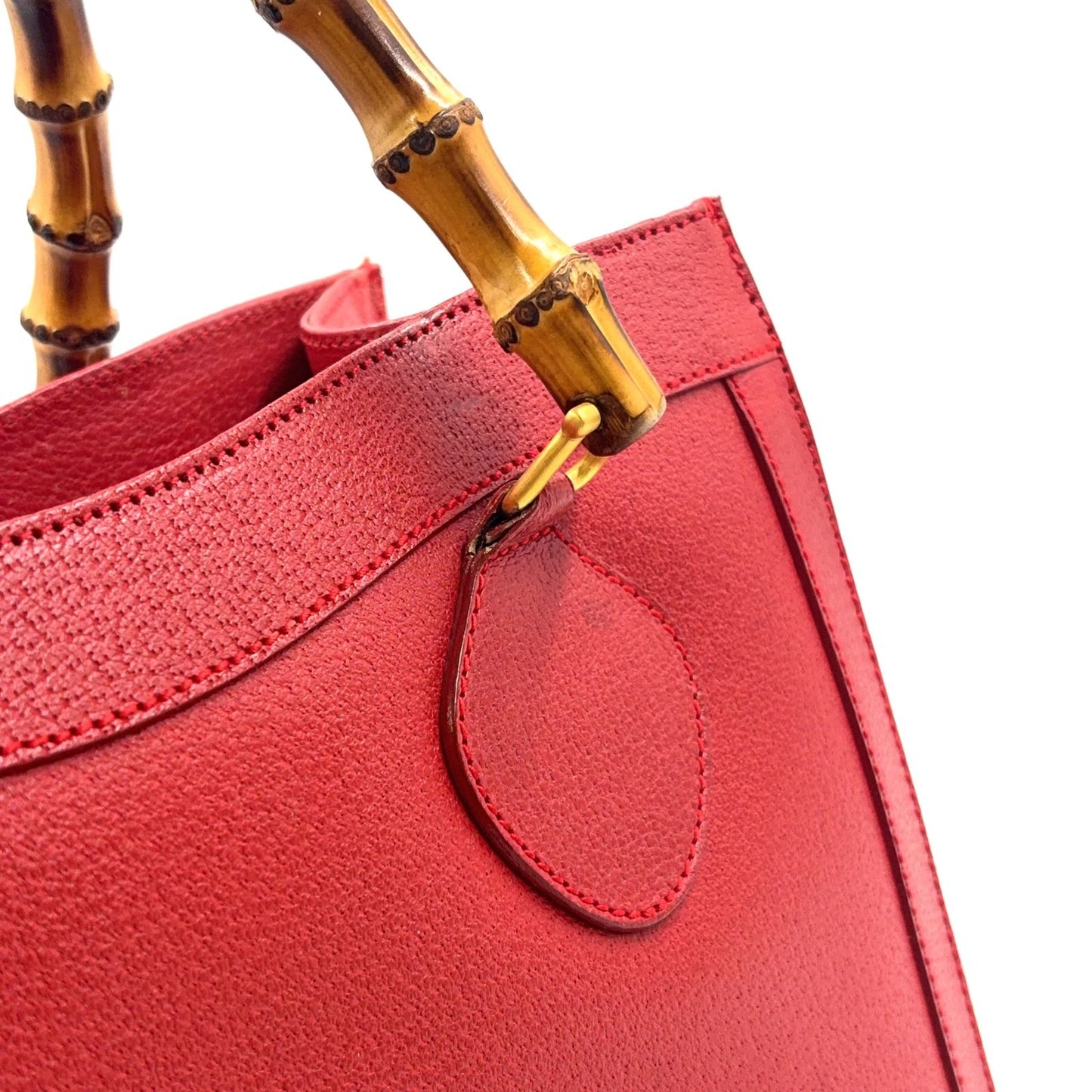 Gucci Bamboo Handle Leather Red Tote Bag Gold 002・1186・0260