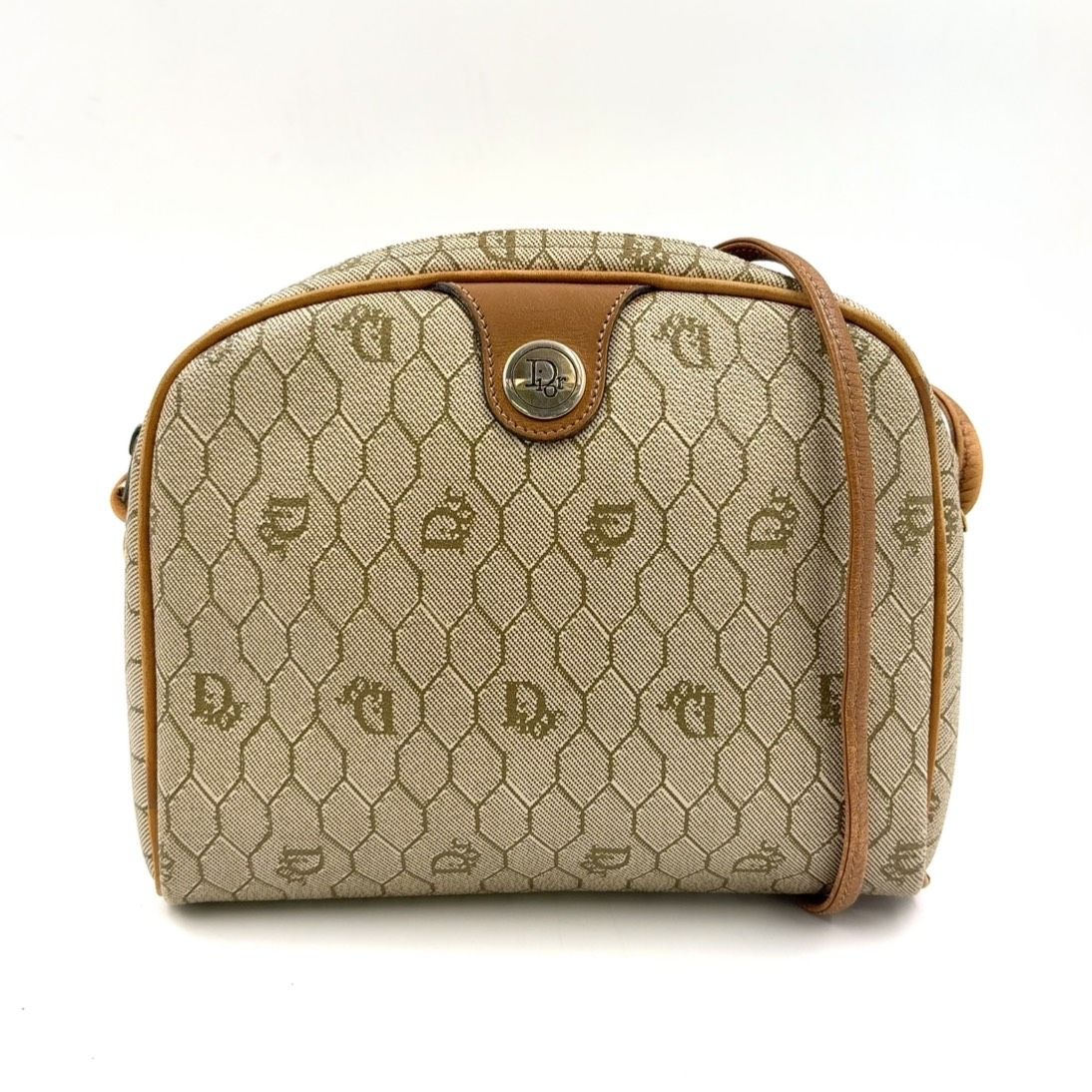 Christian Dior Honeycomb Pattern Leather × PVC Beige × Light Brown Shoulder Bag Gold
