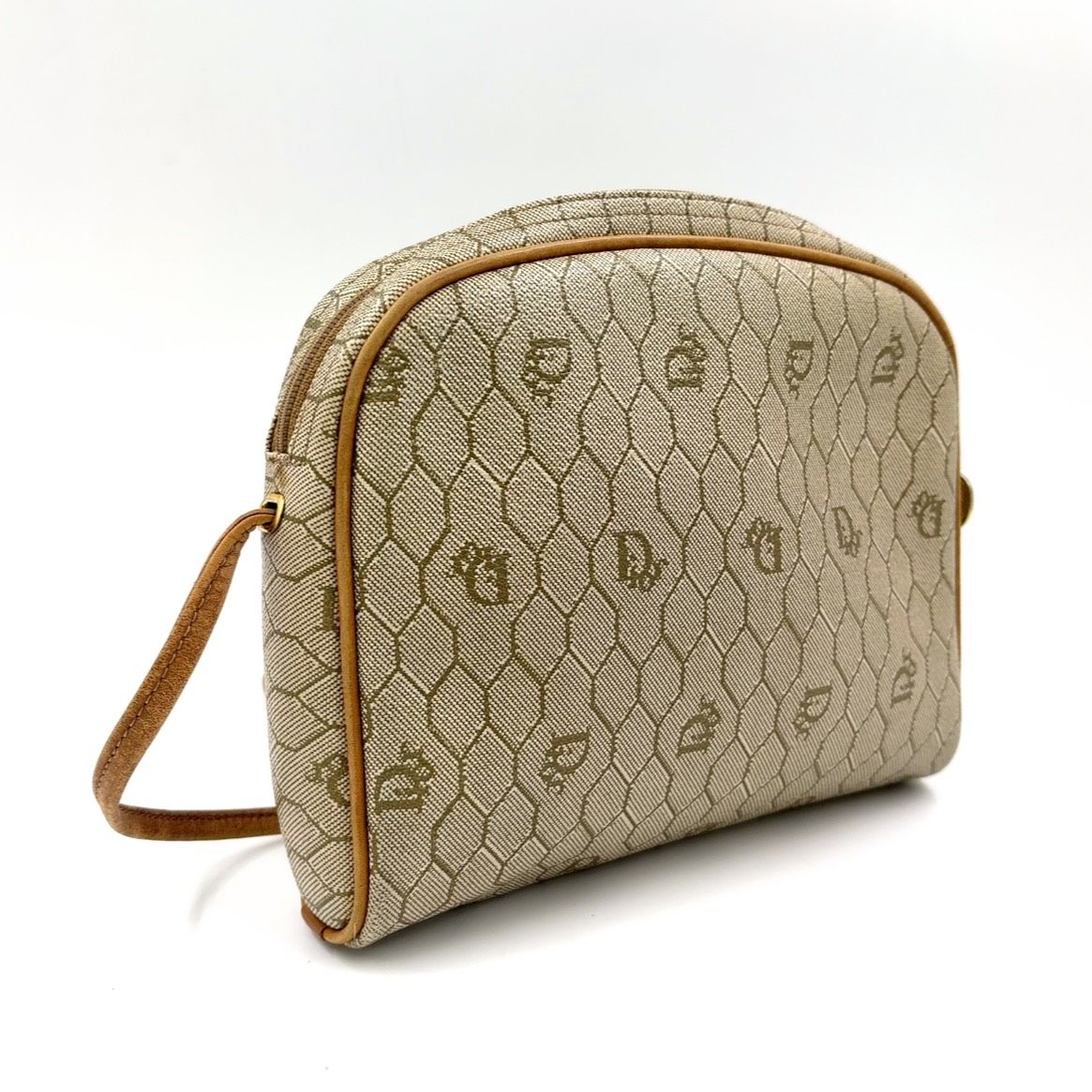 Christian Dior Honeycomb Pattern Leather × PVC Beige × Light Brown Shoulder Bag Gold