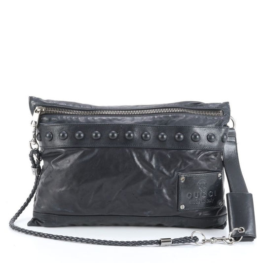 Gucci Studded Leather Shoulder Bag Crossbody Black Silver Hardware Tote Women's