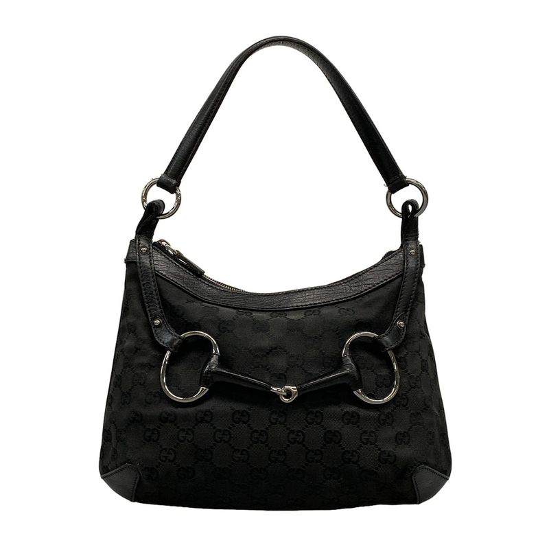 Gucci Shoulder Bag Horsebit GG Pattern 114890 Black Leather