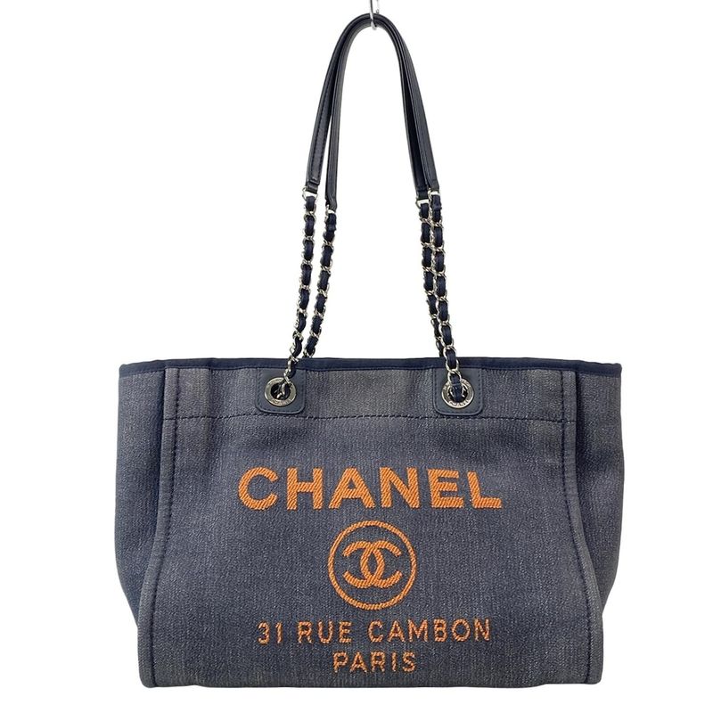 Chanel Tote Bag Deauville Line MM Navy And Orange Silver Hardware Leather