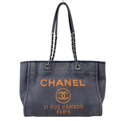 Chanel Tote Bag Deauville Line MM Navy And Orange Silver Hardware Leather