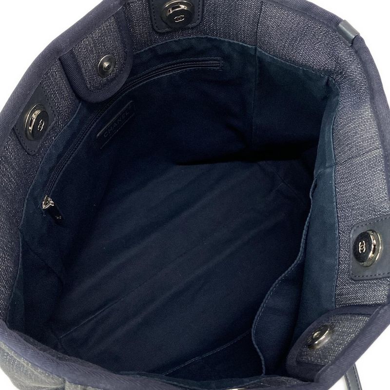 Chanel Tote Bag Deauville Line MM Navy And Orange Silver Hardware Leather