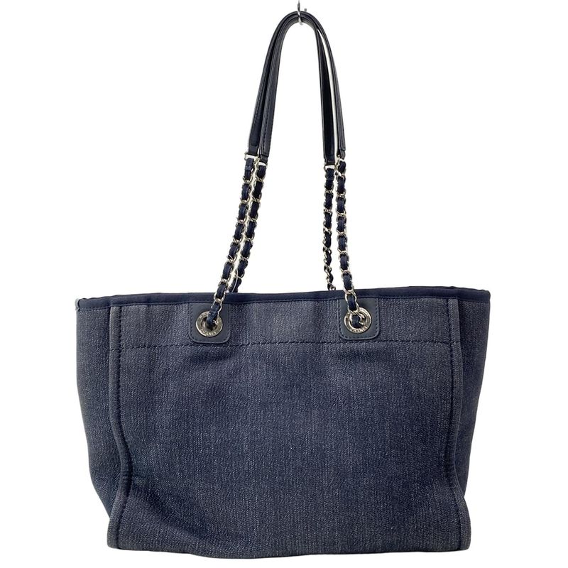 Chanel Tote Bag Deauville Line MM Navy And Orange Silver Hardware Leather