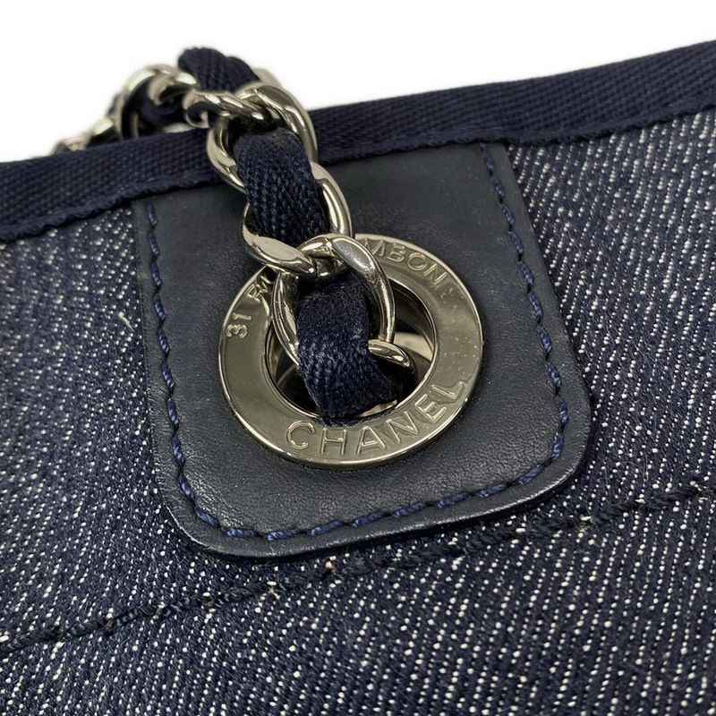 Chanel Tote Bag Deauville Line MM Navy And Orange Silver Hardware Leather