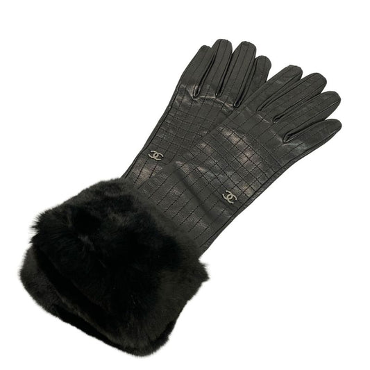 Chanel Gloves Women - Black Long Gloves Chocolate Bar Stitch Leather  Fur