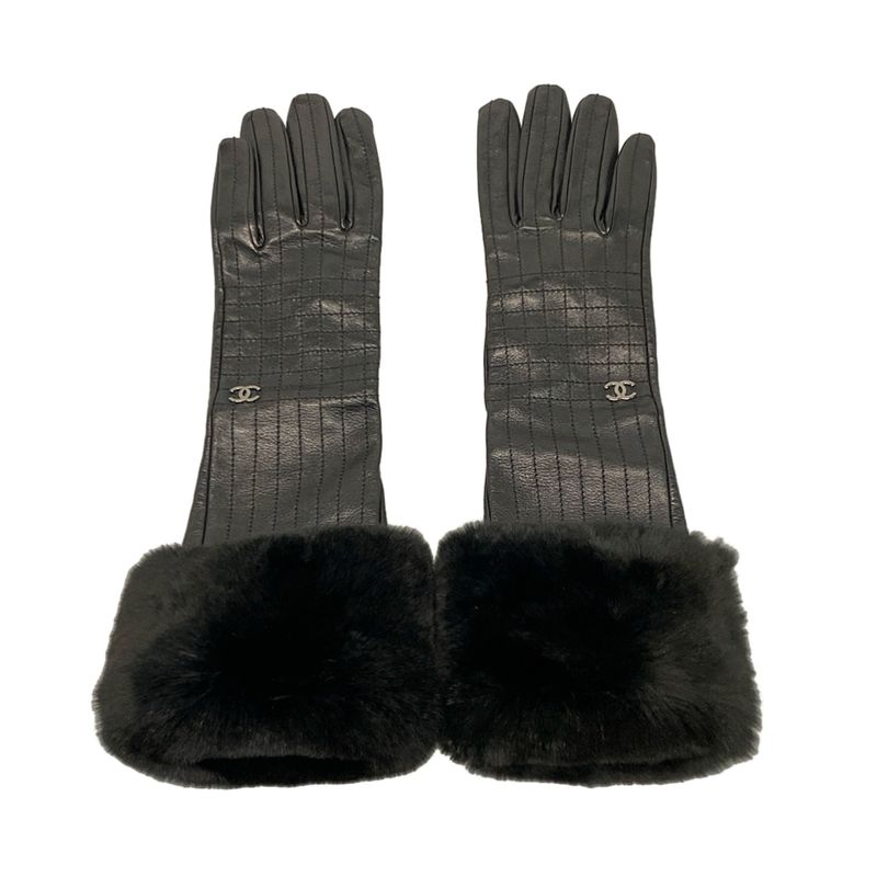 Chanel Gloves Women - Black Long Gloves Chocolate Bar Stitch Leather  Fur