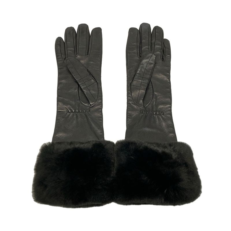 Chanel Gloves Women - Black Long Gloves Chocolate Bar Stitch Leather  Fur
