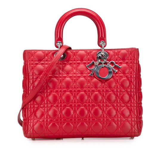 Dior Canage Lady Dior Large Handbag Shoulder Bag 2way Red Silver Lambskin Women