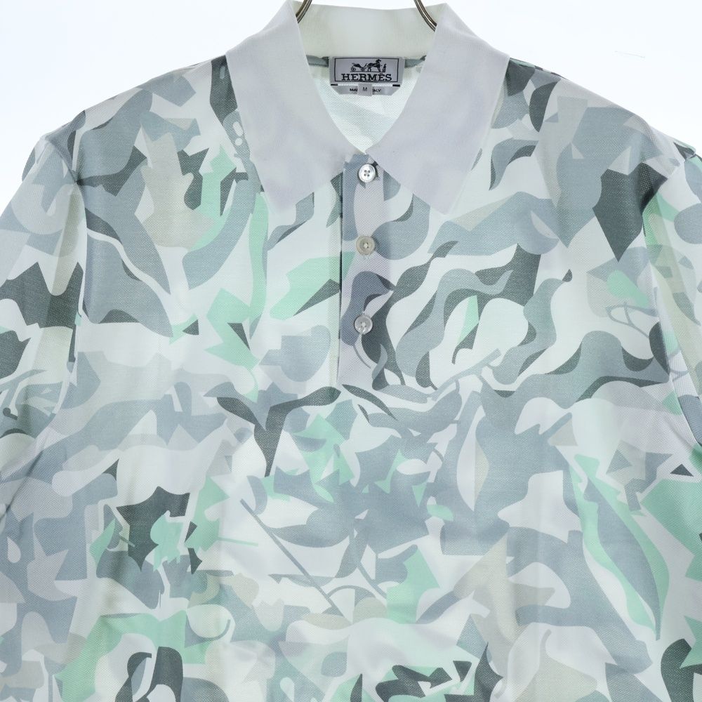 Hermes Puzzle Vegetal Allover Print Short Sleeve Polo Shirt White/gray