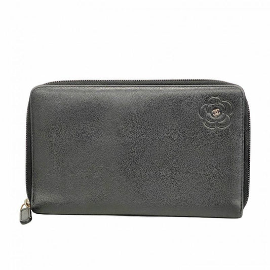 Chanel Long Wallet Camellia Leather Black Silver Hardware Women