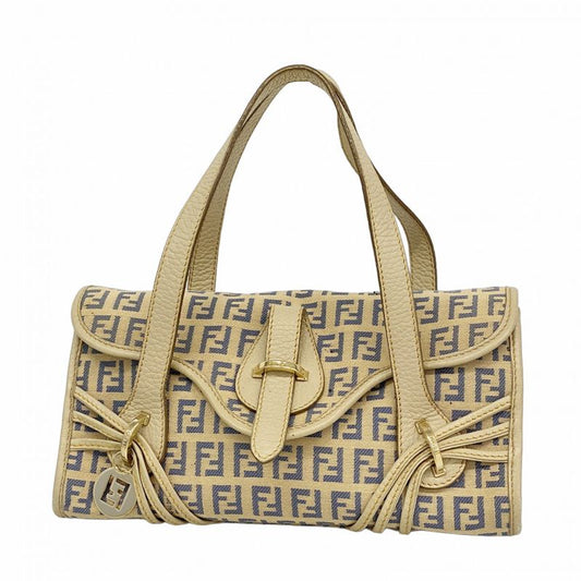 Fendi Handbag Zucchino Nylon Canvas Beige Blue Chien Pan Gold Hardware Women