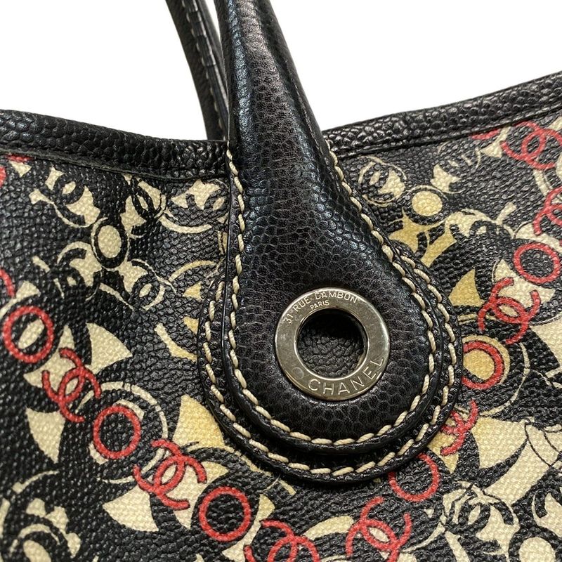 Chanel Tote Bag Cocos Travel Black X Red X Ivory Silver Hardware Leather