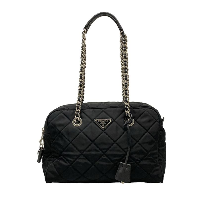 Prada Shoulder Bag  Black Chain Shoulder Triangle Logo Quilted Leather