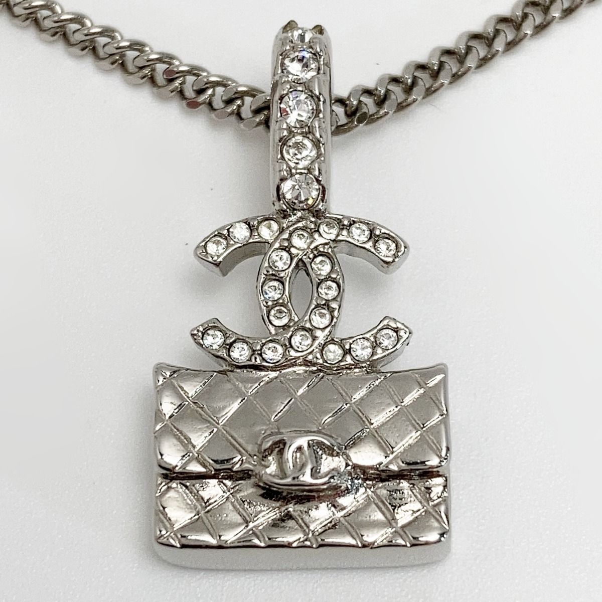 Chanel Cocomark Matelasse Bag Necklace A23n Silver GP Rhinestone