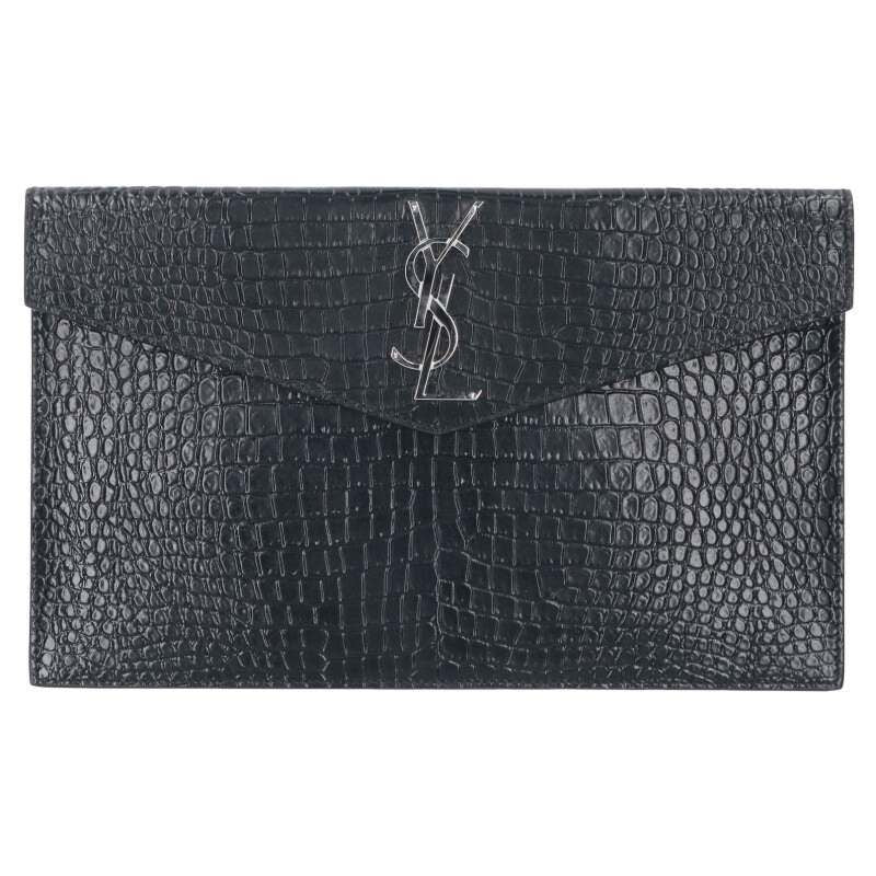 Saint Laurent Paris Logo Plate Croc Embossed Clutch Bag Men's