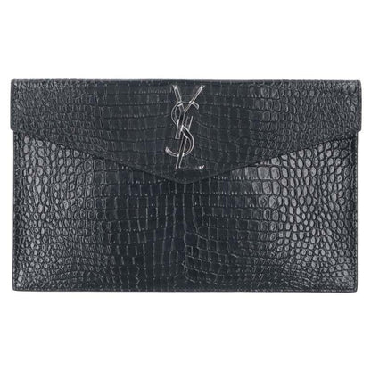 Saint Laurent Paris Logo Plate Croc Embossed Clutch Bag Men's