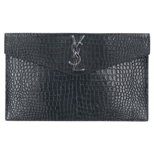 Saint Laurent Paris Logo Plate Croc Embossed Clutch Bag Men's
