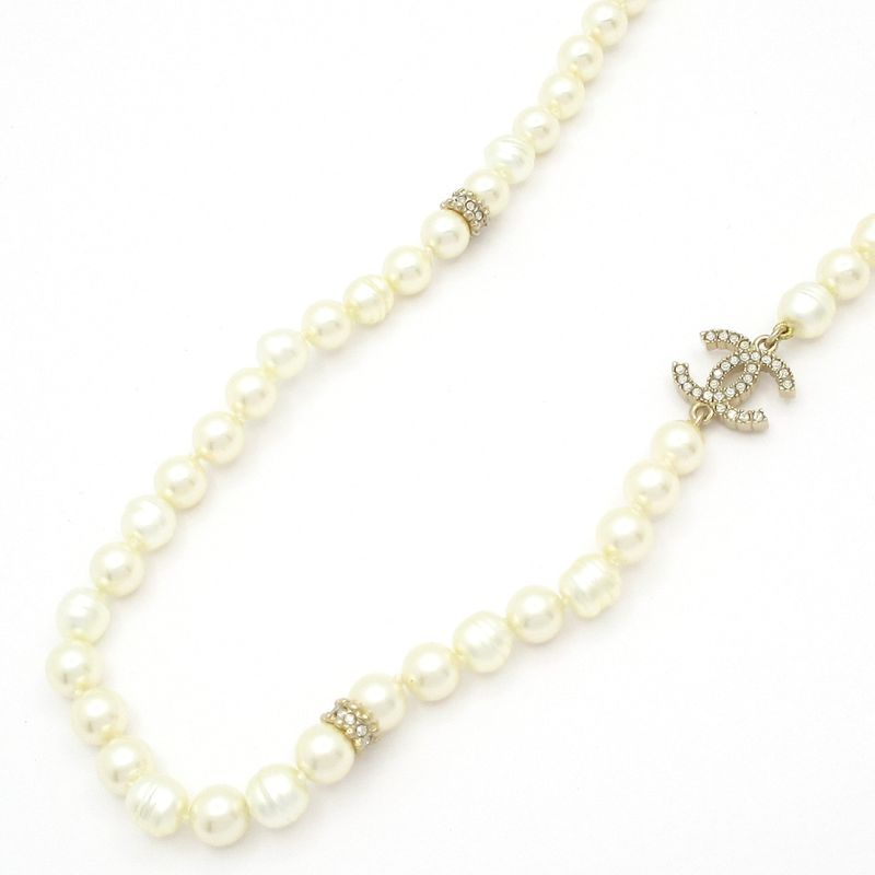 Chanel Necklace Coco Mark White×gold×clear Long Necklace