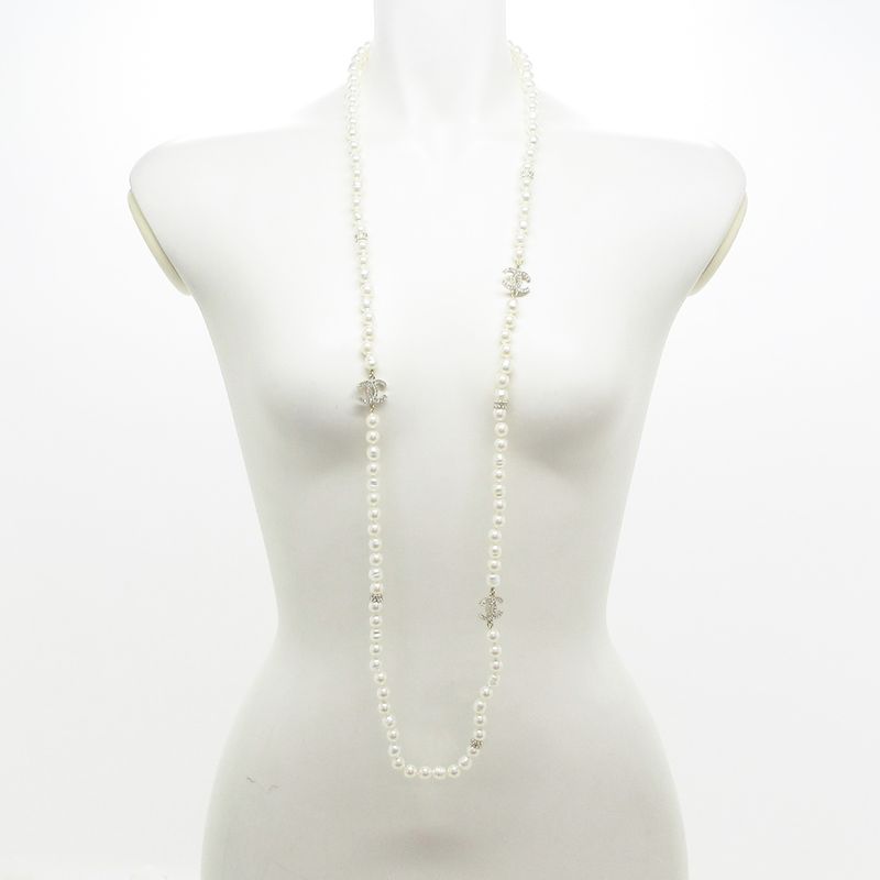 Chanel Necklace Coco Mark White×gold×clear Long Necklace