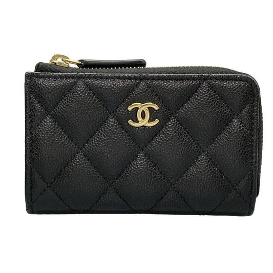 Chanel Coin Case Matelasse Black Gold Hardware L-shape Zipper With Key Ring