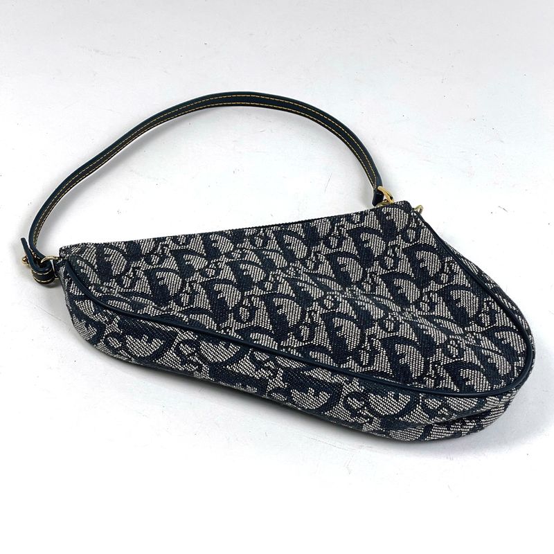 Christian Dior Trotter Pattern Saddle Bag One Shoulder Handbag Canvas Navy Women