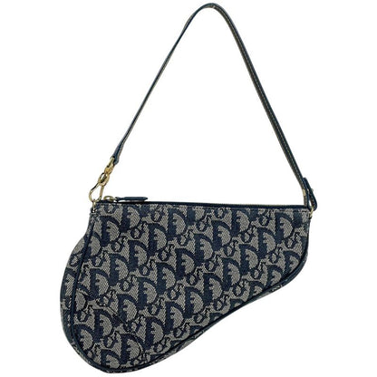 Christian Dior Trotter Pattern Saddle Bag One Shoulder Handbag Canvas Navy Women